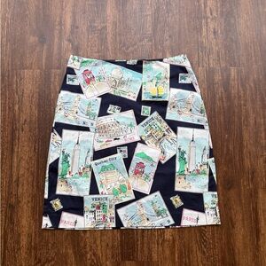 Talbots Postcard Travel Print Pencil Mini Skirt Cotton Blend Blue Paris London-6